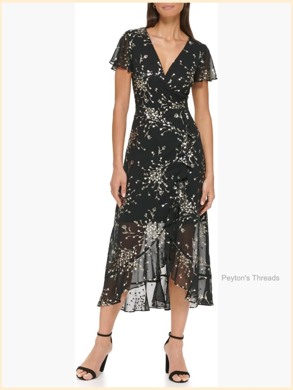 Short Flutter Sleeve Faux Wrap Midi Dress - Chiffon, V-Neck, Swing